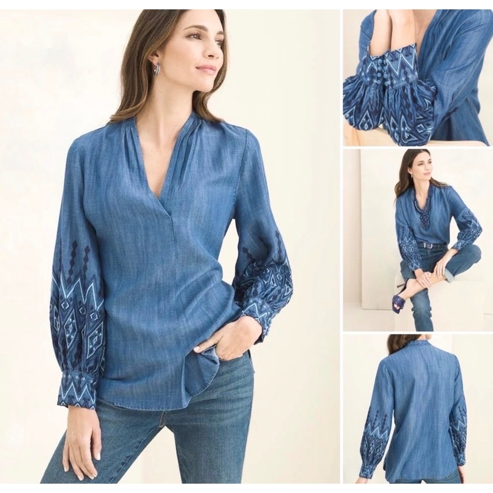 Chico's Tencel Blouse (1) M Blue Embroidered Puff Sleeve V-Neck Soutwestern Boho